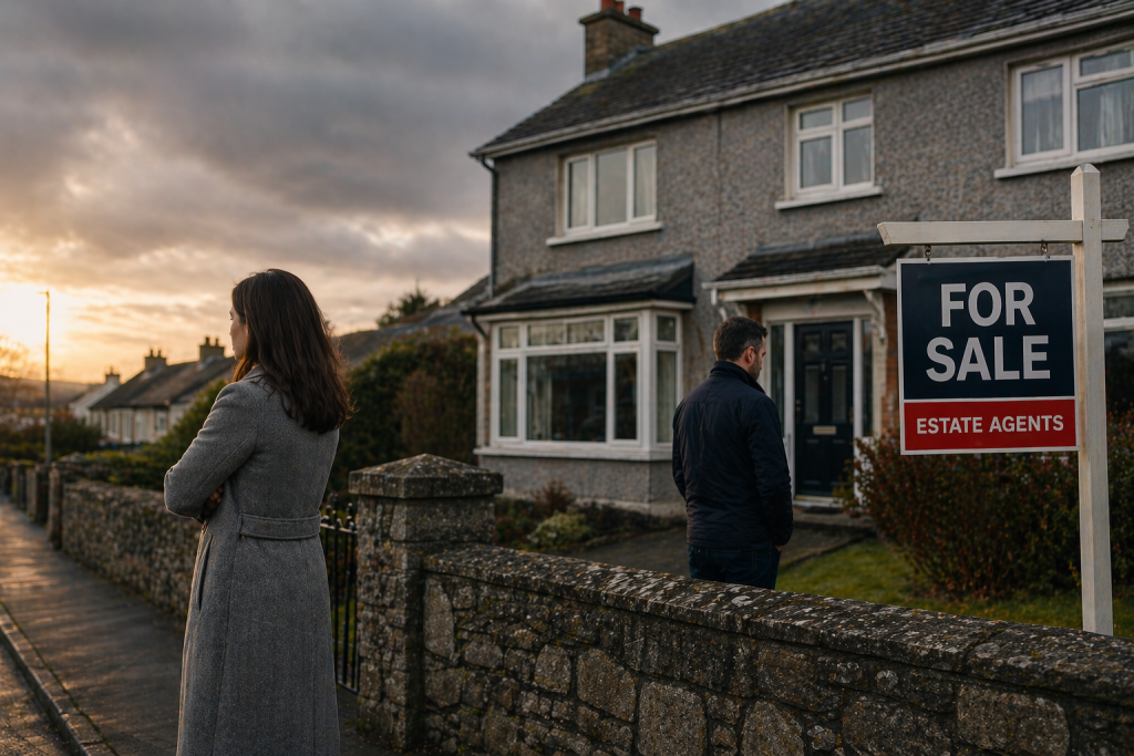 Divorcing couple standing apart outside an Irish family home with a for-sale estate agent sign and stone wall at sunset