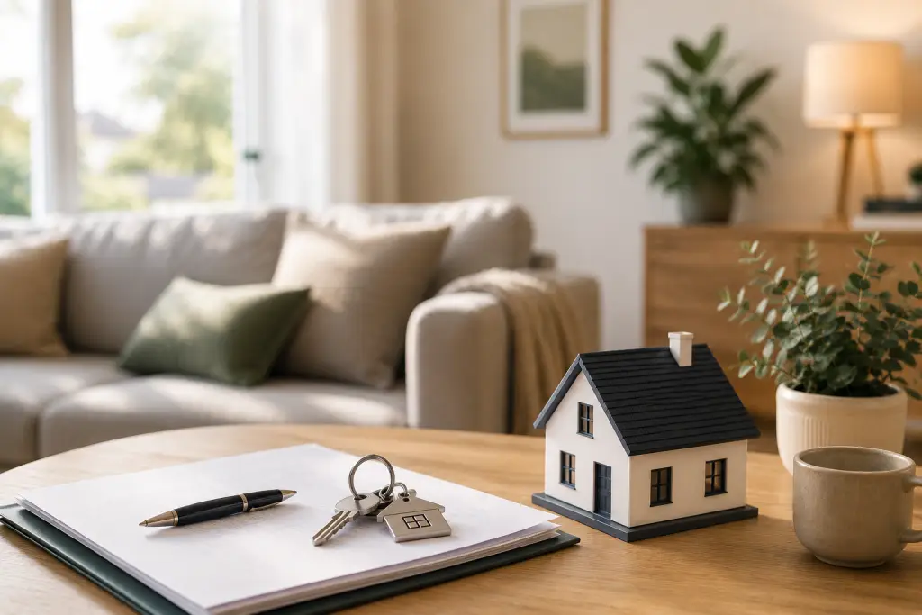 Warm, modern living room scene featuring a small house model, keys, paperwork, and a pen on a wooden table, with a softly blurred sofa, plants, and natural light in the background, symbolising a smoother and more positive home-buying journey.