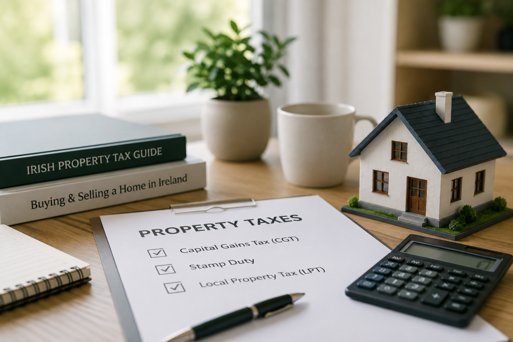 Modern property tax workspace featuring a miniature house model, calculator, paperwork, and legal documents on a wooden desk, symbolising the financial and legal considerations involved in buying or selling a home in Ireland.