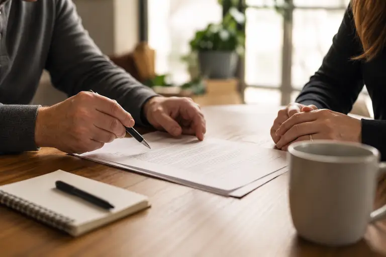 Two people reviewing and discussing a legal document at a table, with one person pointing to paperwork using a pen during a property or legal consultation.