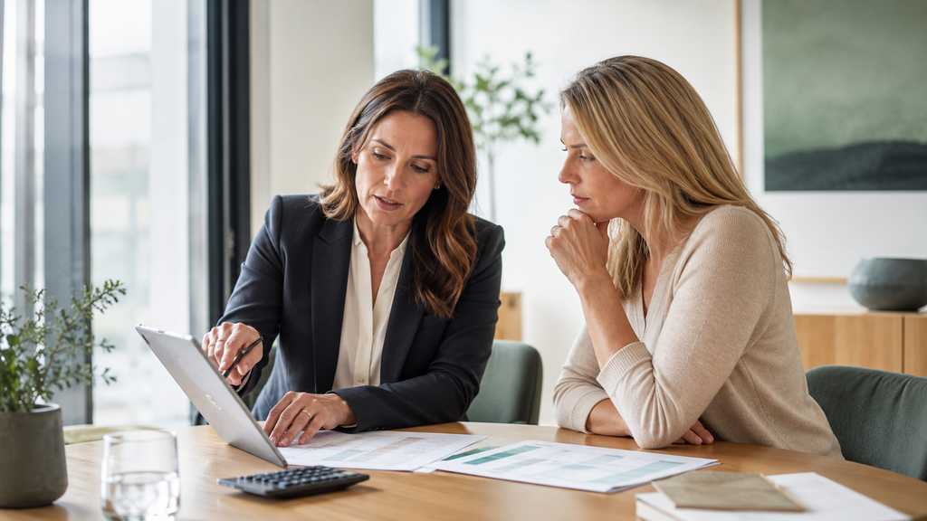 A forensic accountant guides a client through financial records during a confidential consultation, helping to explain complex income, assets and business interests in family law proceedings.